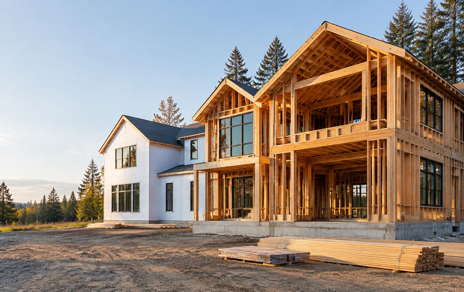 Timber framing of a custom home under construction