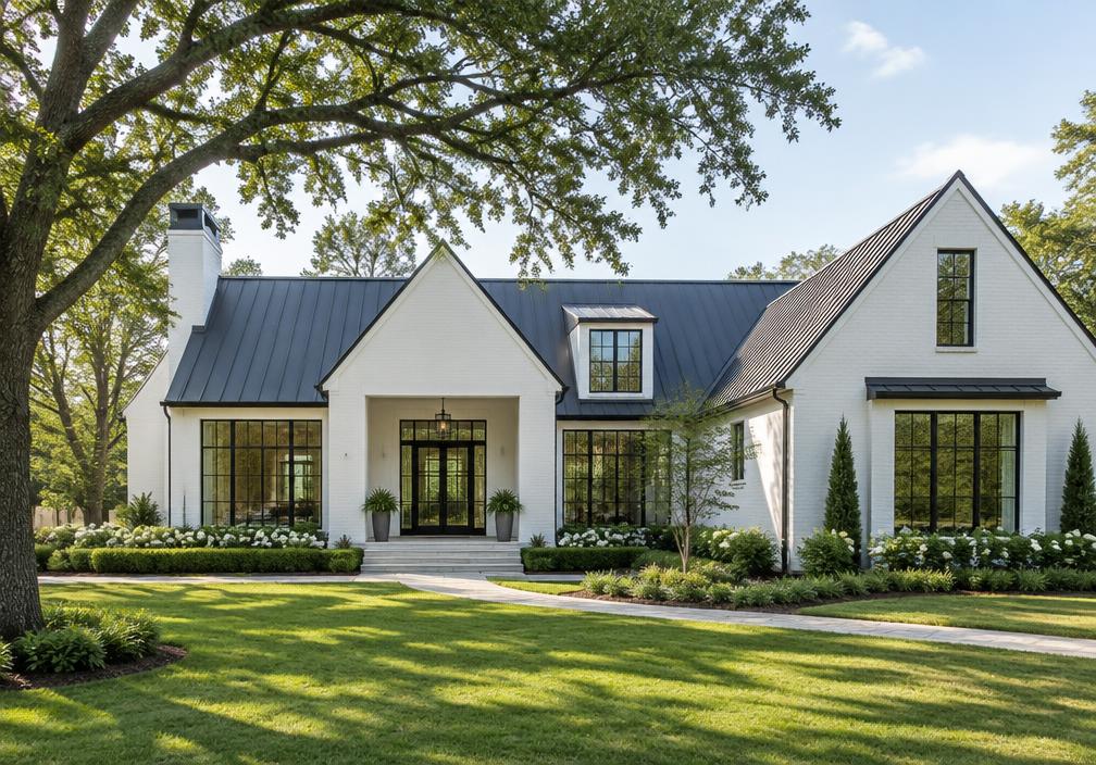 A completed custom home with large windows