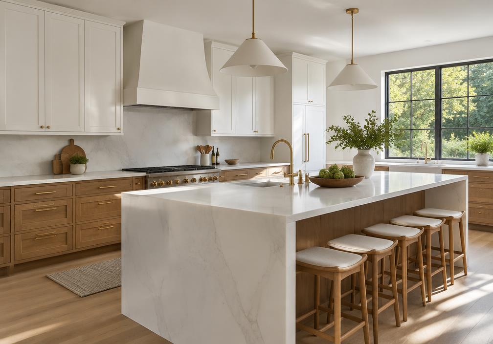 A remodeled kitchen with oak cabinets and a stone island